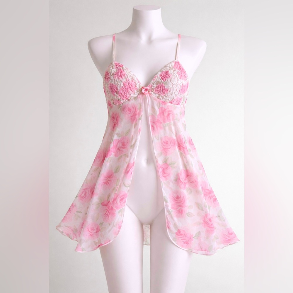 Vintage Pink White Floral Babydoll Open Front Size M